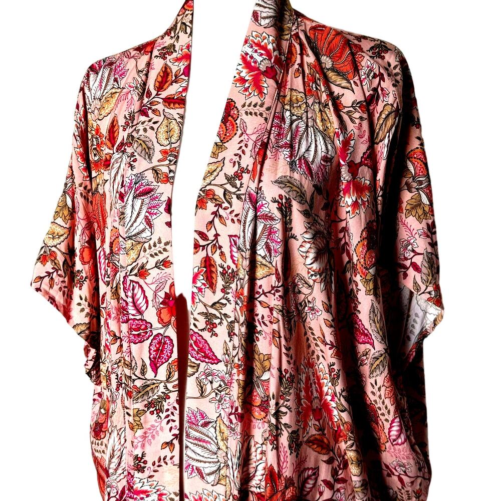 Island Co Pink Floral Paisley Swim Open Cover Up Kaftan Kimono Boho Island Beach